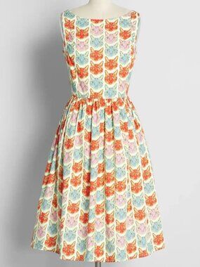 Modcloth Saint Geraldine "The Moment is Meow" Fit Flare Dress Cat Print